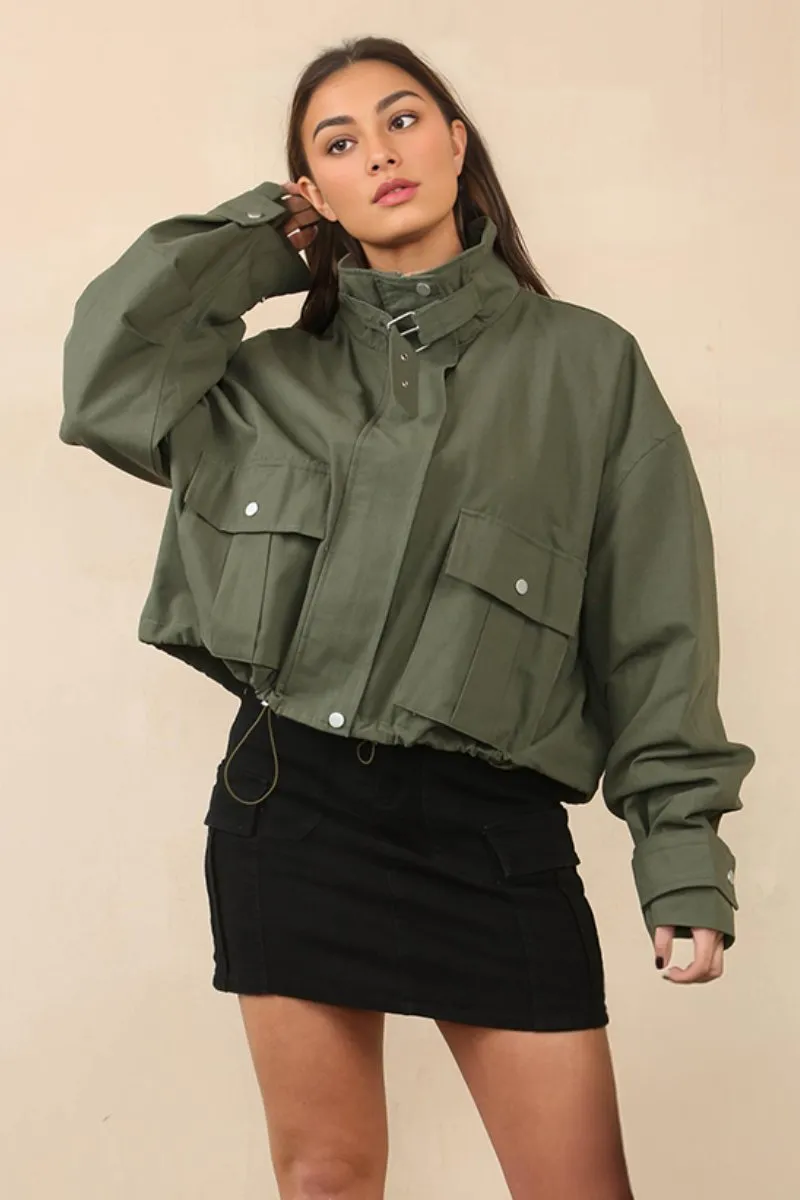 Khaki Vintage Street Stand Collar Flap Pocket Zip-Up Cropped Jacket