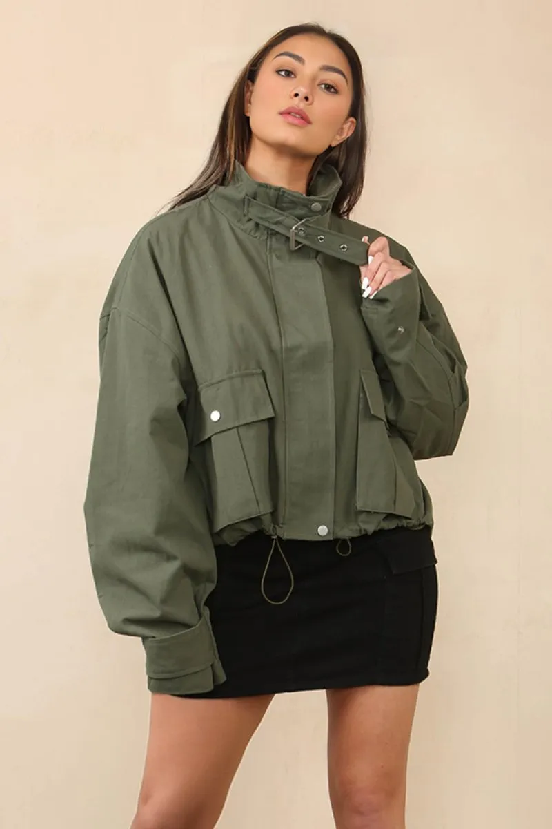 Khaki Vintage Street Stand Collar Flap Pocket Zip-Up Cropped Jacket