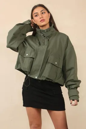 Khaki Vintage Street Stand Collar Flap Pocket Zip-Up Cropped Jacket