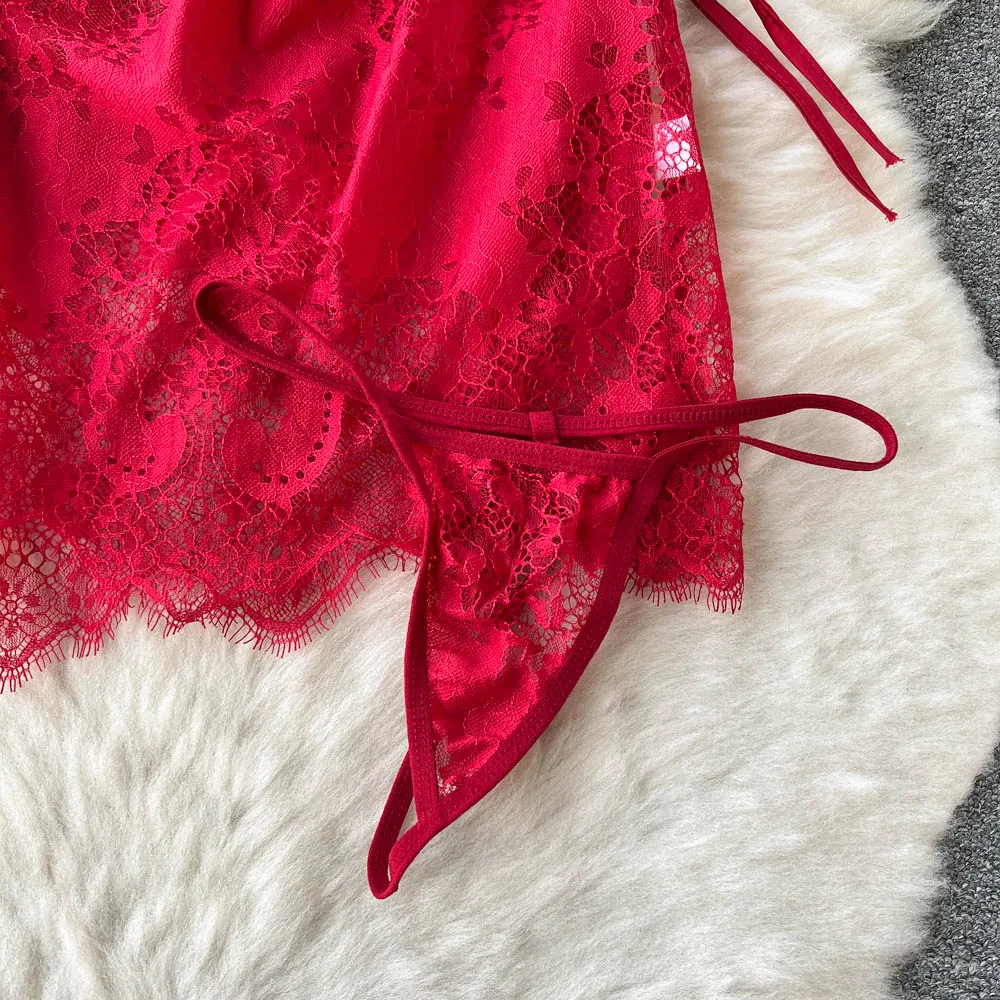 Lace See-through Crossover Halter Dress