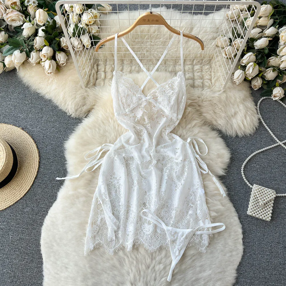 Lace See-through Crossover Halter Dress