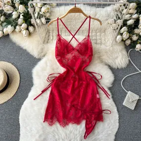 Lace See-through Crossover Halter Dress