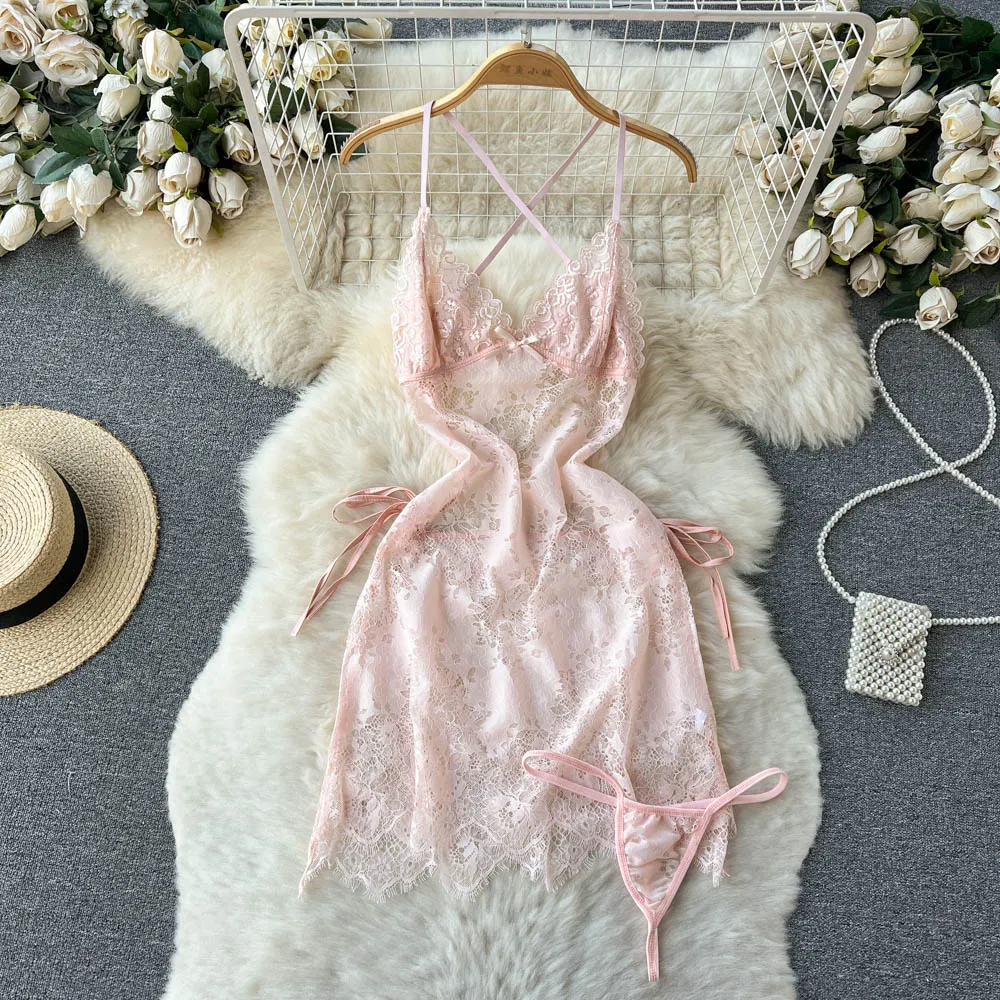 Lace See-through Crossover Halter Dress