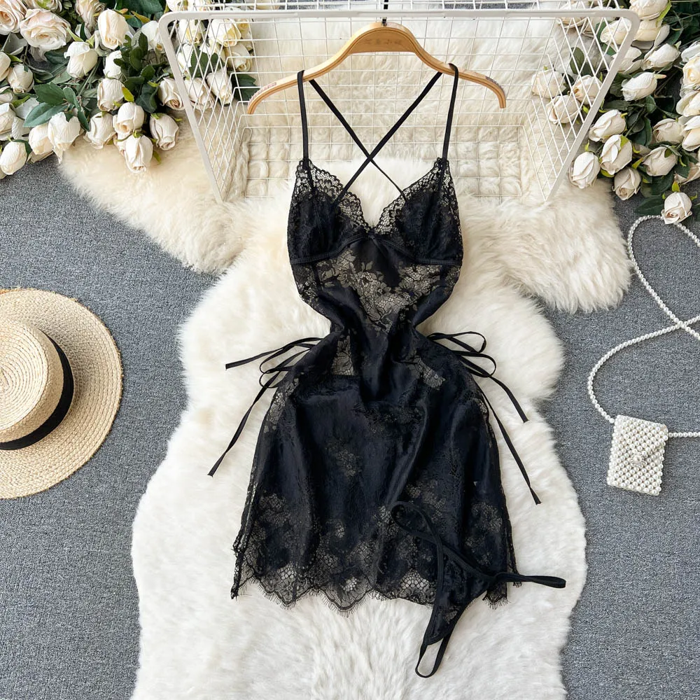 Lace See-through Crossover Halter Dress