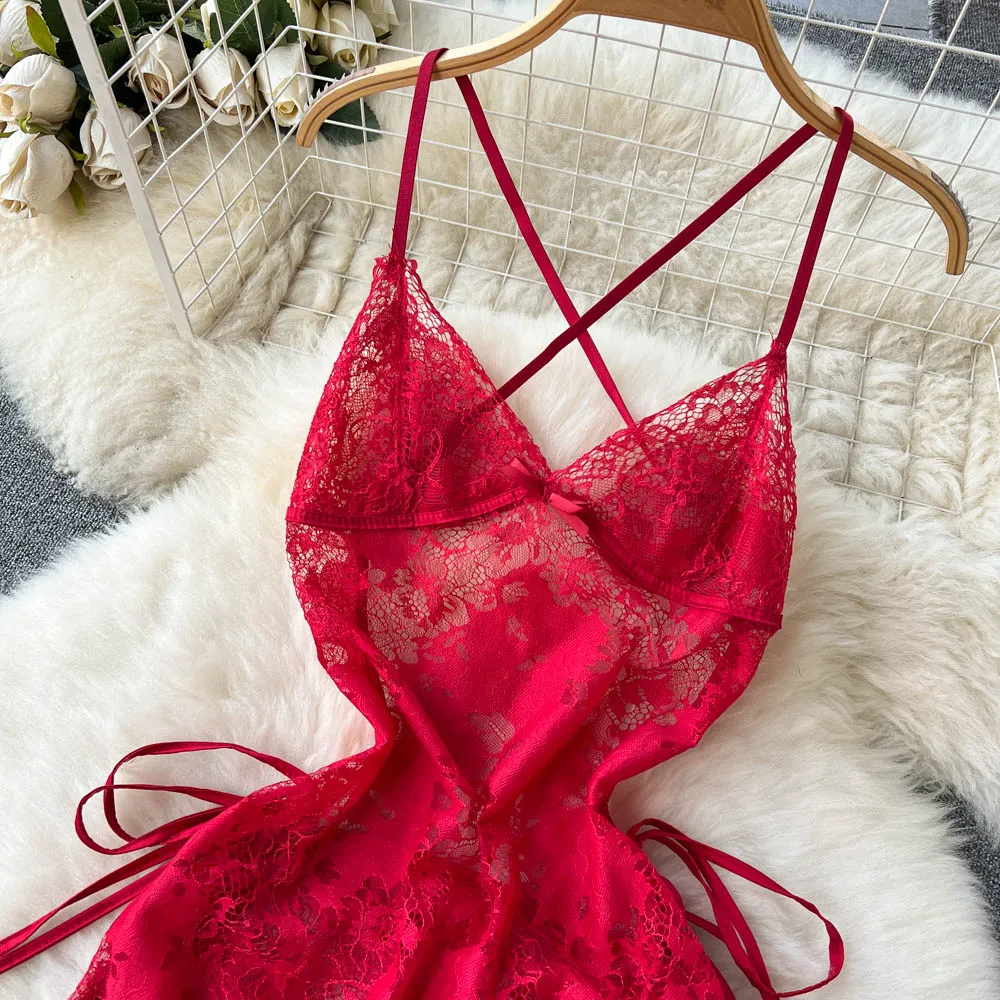 Lace See-through Crossover Halter Dress