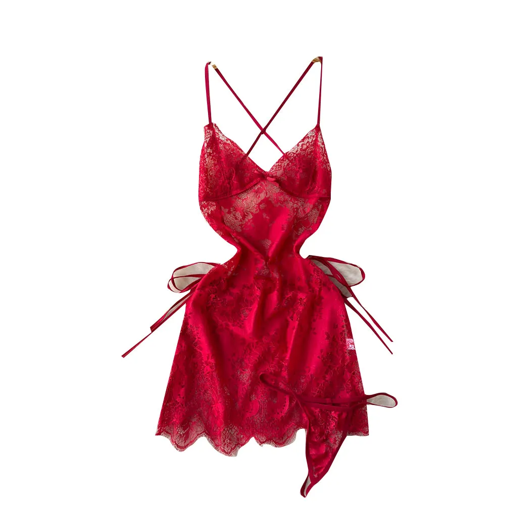 Lace See-through Crossover Halter Dress