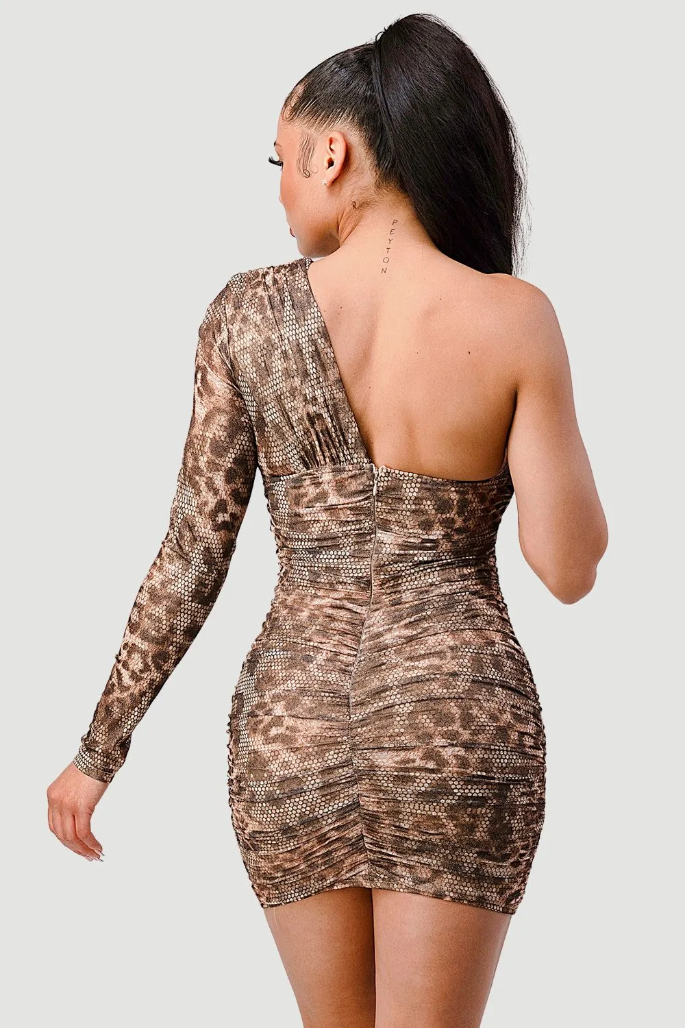 LEOPARD PRINT MESH ONE SHOULDER RUCHED MINI DRESS
