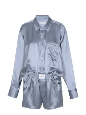 Logo Detailed Button Up Boxer Short Romper In Silk (Dark Iris)