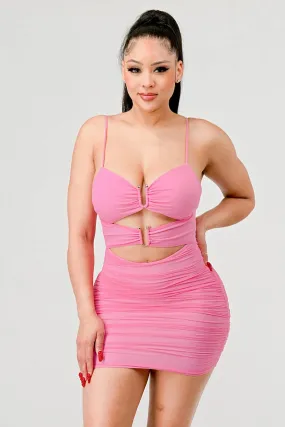 LUXE MESH SWEETHEART WITH RINGS RUCHED MINI DRESS