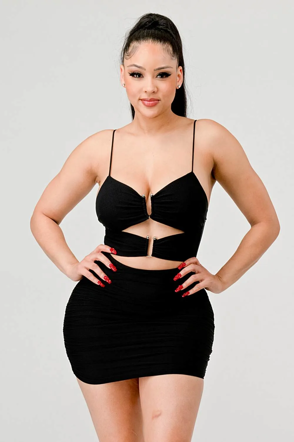 LUXE MESH SWEETHEART WITH RINGS RUCHED MINI DRESS
