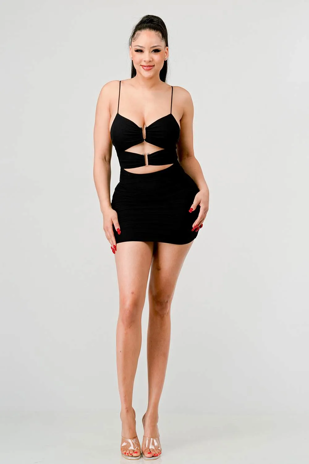 LUXE MESH SWEETHEART WITH RINGS RUCHED MINI DRESS