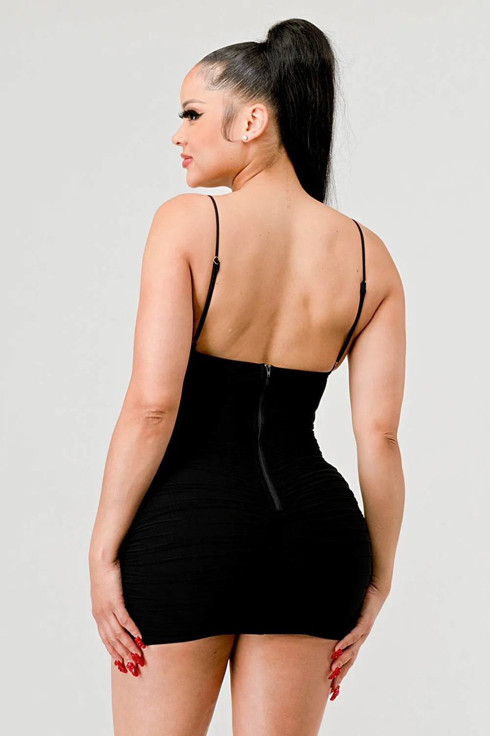 LUXE MESH SWEETHEART WITH RINGS RUCHED MINI DRESS