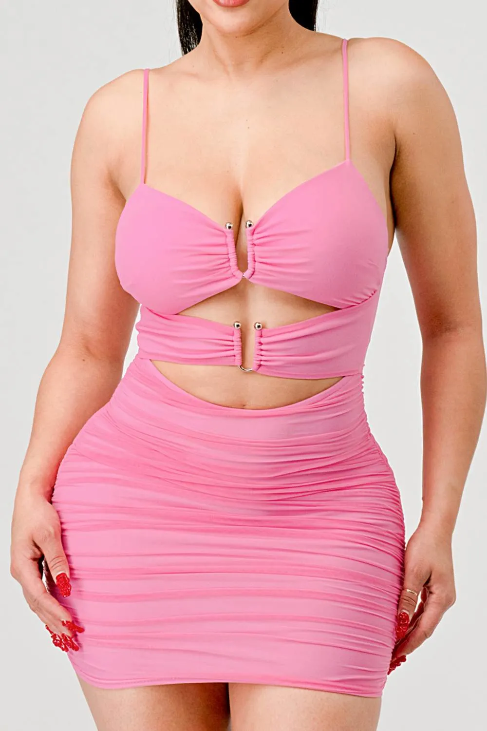LUXE MESH SWEETHEART WITH RINGS RUCHED MINI DRESS