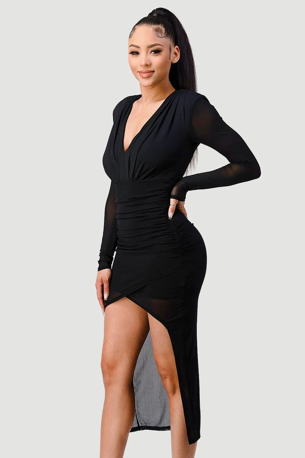 LUXE SEE-THRU V NECK BODYCON HIGH LOW HEM DRESS