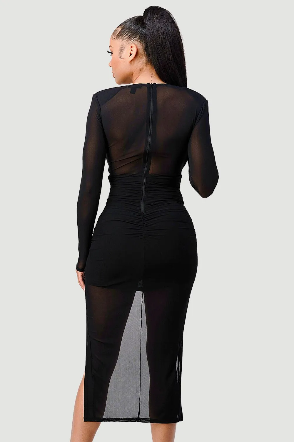 LUXE SEE-THRU V NECK BODYCON HIGH LOW HEM DRESS