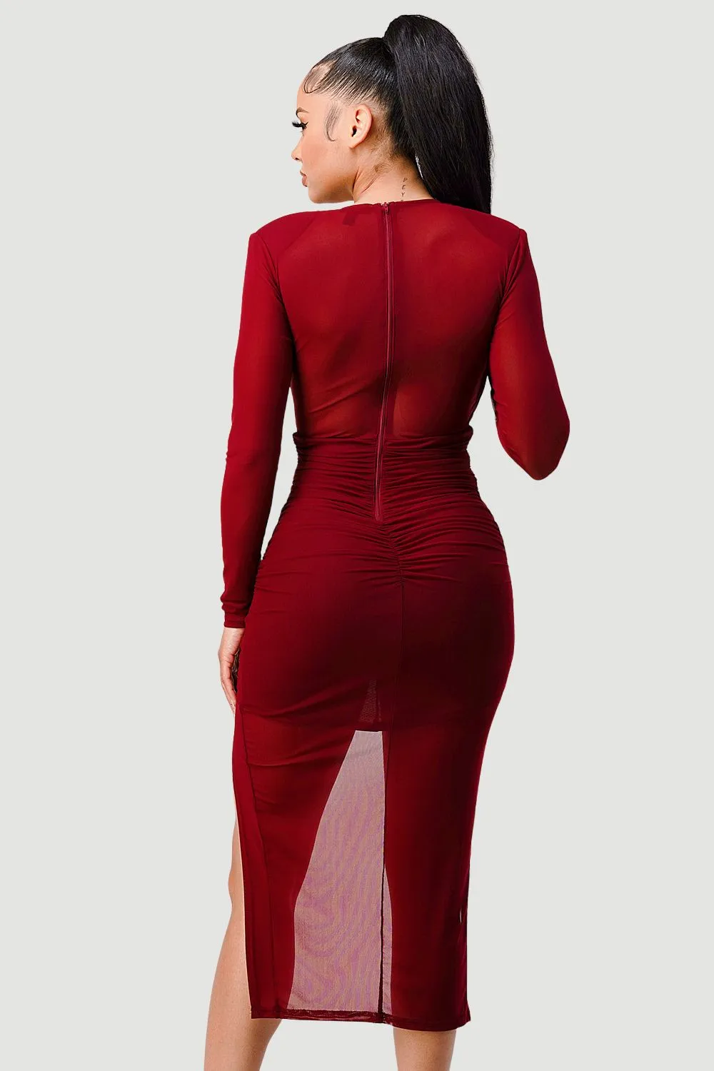 LUXE SEE-THRU V NECK BODYCON HIGH LOW HEM DRESS