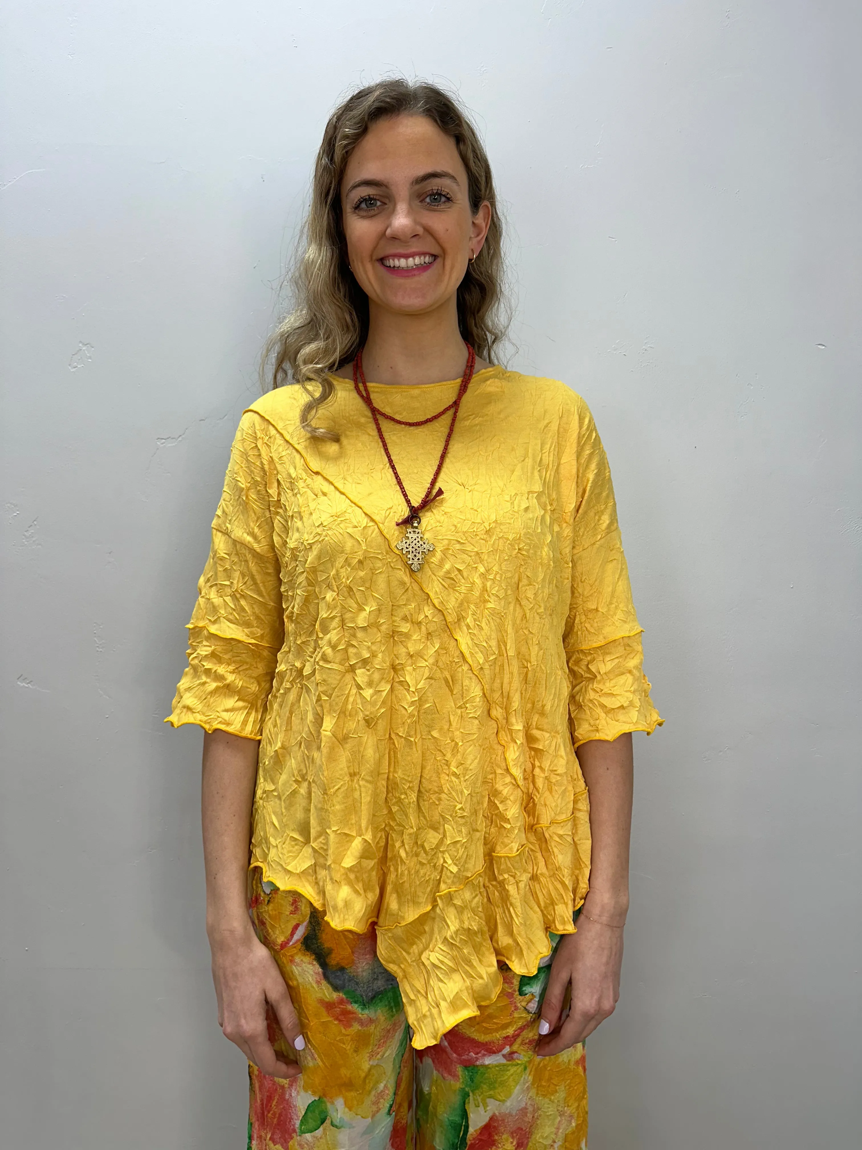 Marigold 3/4 Sleeve Asymmetric Crinkle Tunic