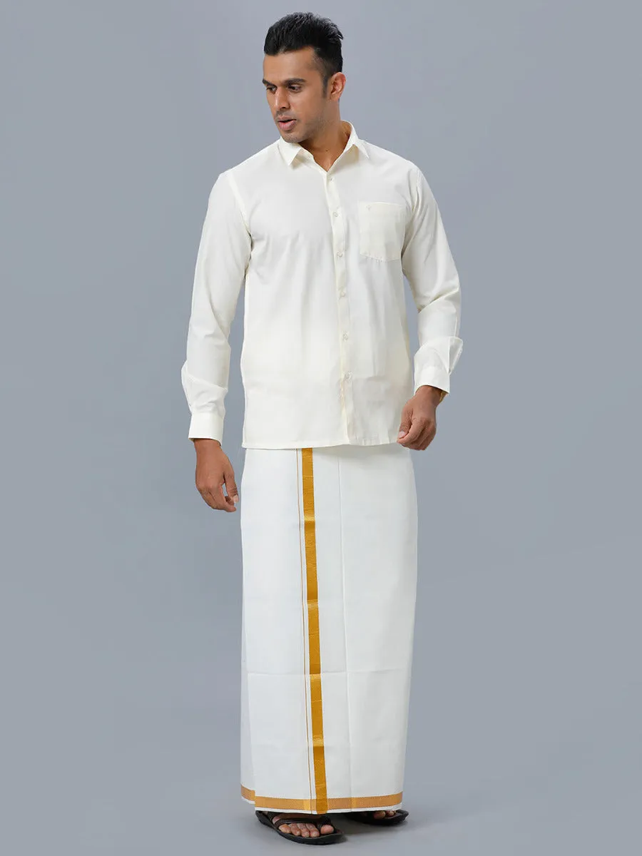 Men Cream Cotton Full Sleeves Shirt with Gold Jari 1" inch Double Dhoti Combo