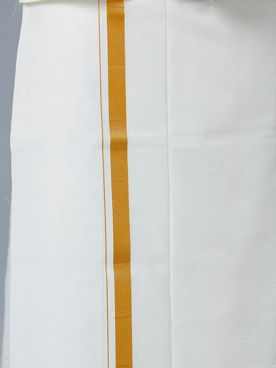 Men Cream Cotton Full Sleeves Shirt with Gold Jari 1" inch Double Dhoti Combo