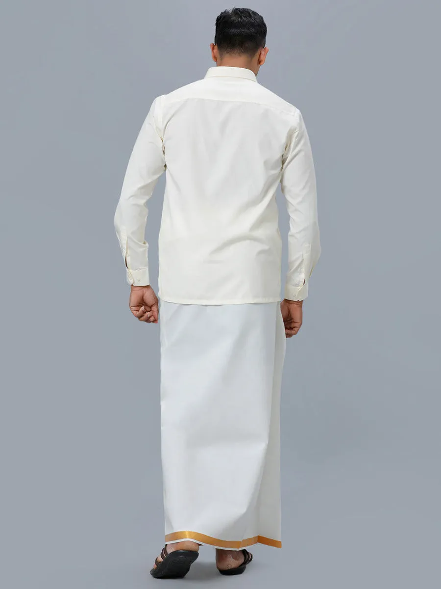 Men Cream Cotton Full Sleeves Shirt with Gold Jari 1" inch Double Dhoti Combo