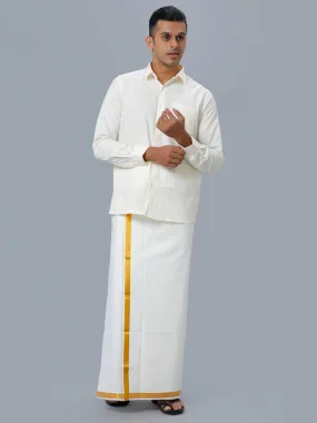 Men Cream Cotton Full Sleeves Shirt with Gold Jari 1" inch Double Dhoti Combo