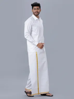 Men Wrinkle Free White Full Sleeves Shirt with 3/4'' inch Gold Jari Double Dhoti Combo