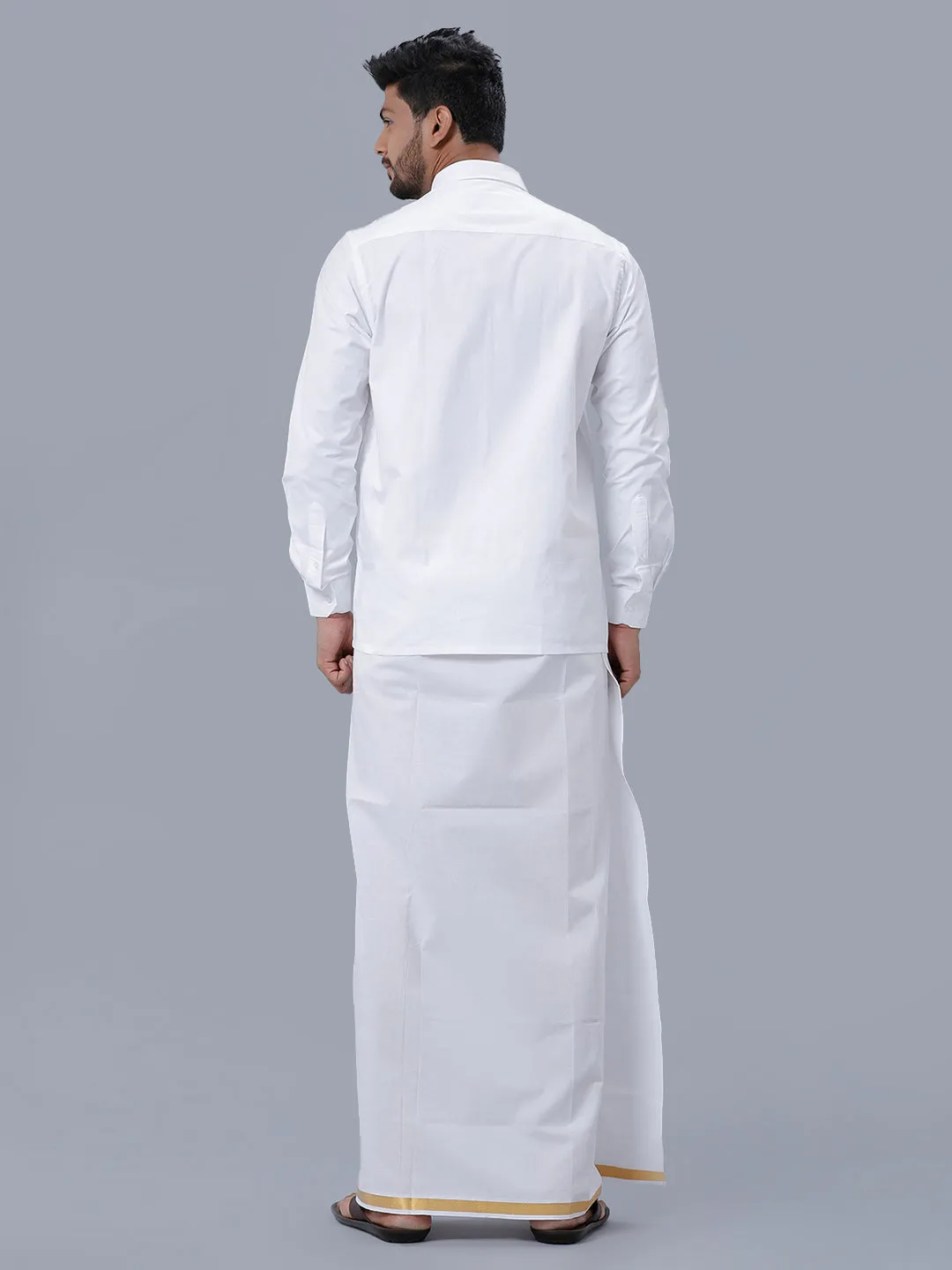 Men Wrinkle Free White Full Sleeves Shirt with 3/4'' inch Gold Jari Double Dhoti Combo