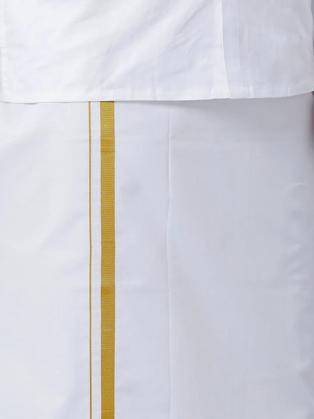 Men Wrinkle Free White Full Sleeves Shirt with 3/4'' inch Gold Jari Double Dhoti Combo