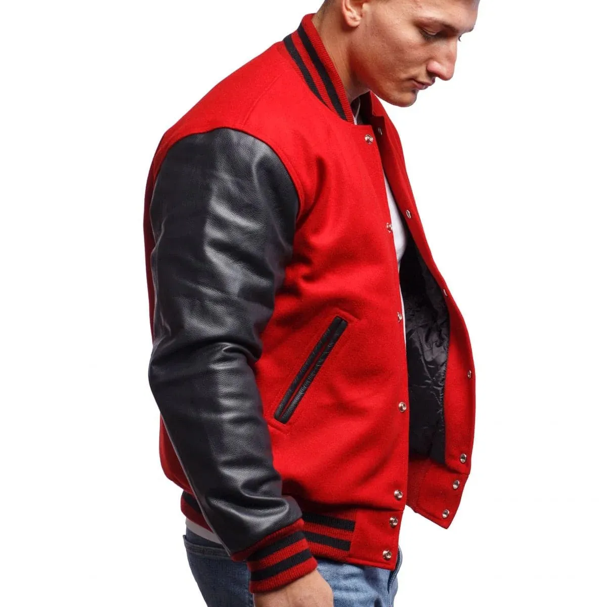 Men's Red Varsity Leather Jacket with Black Sleeves