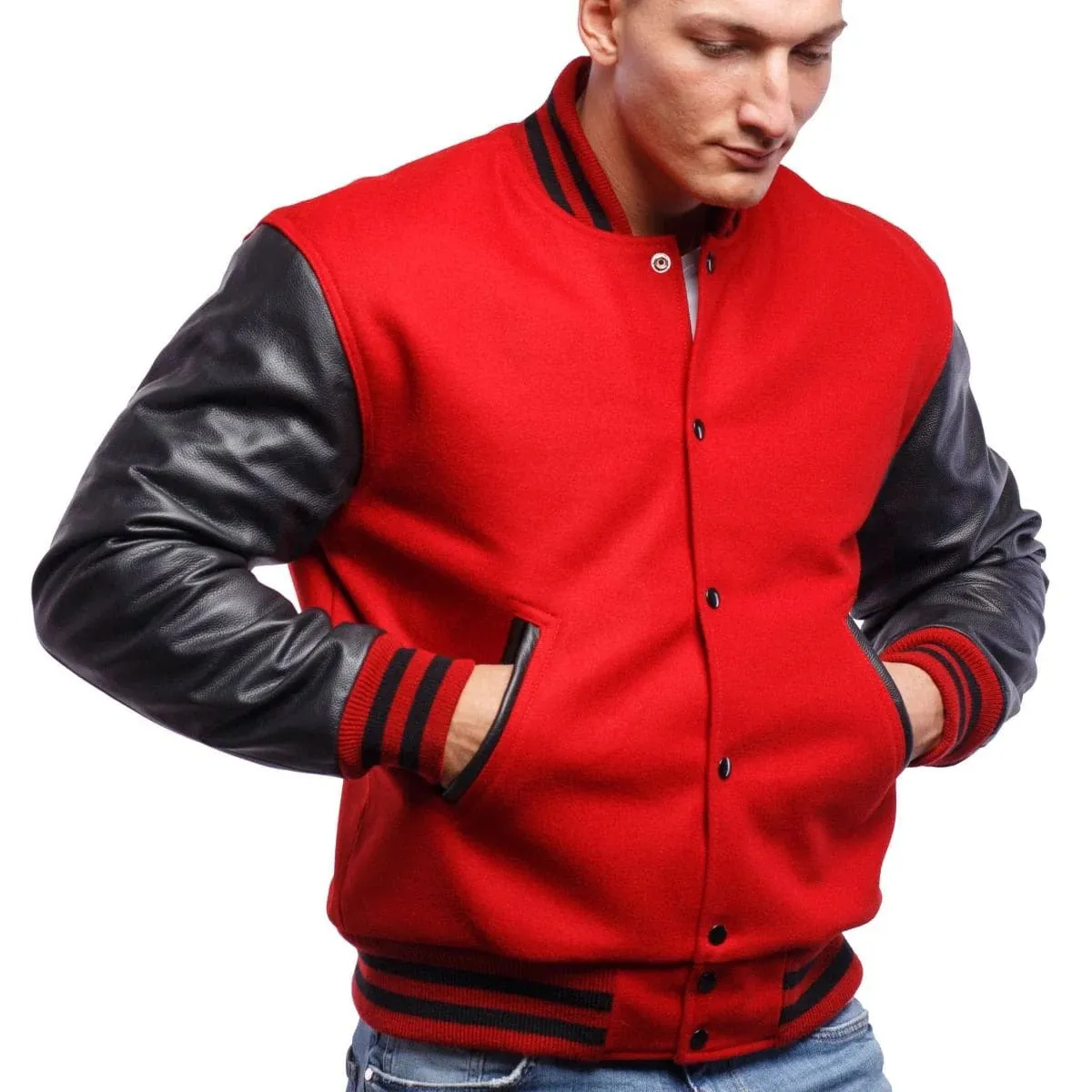 Men's Red Varsity Leather Jacket with Black Sleeves
