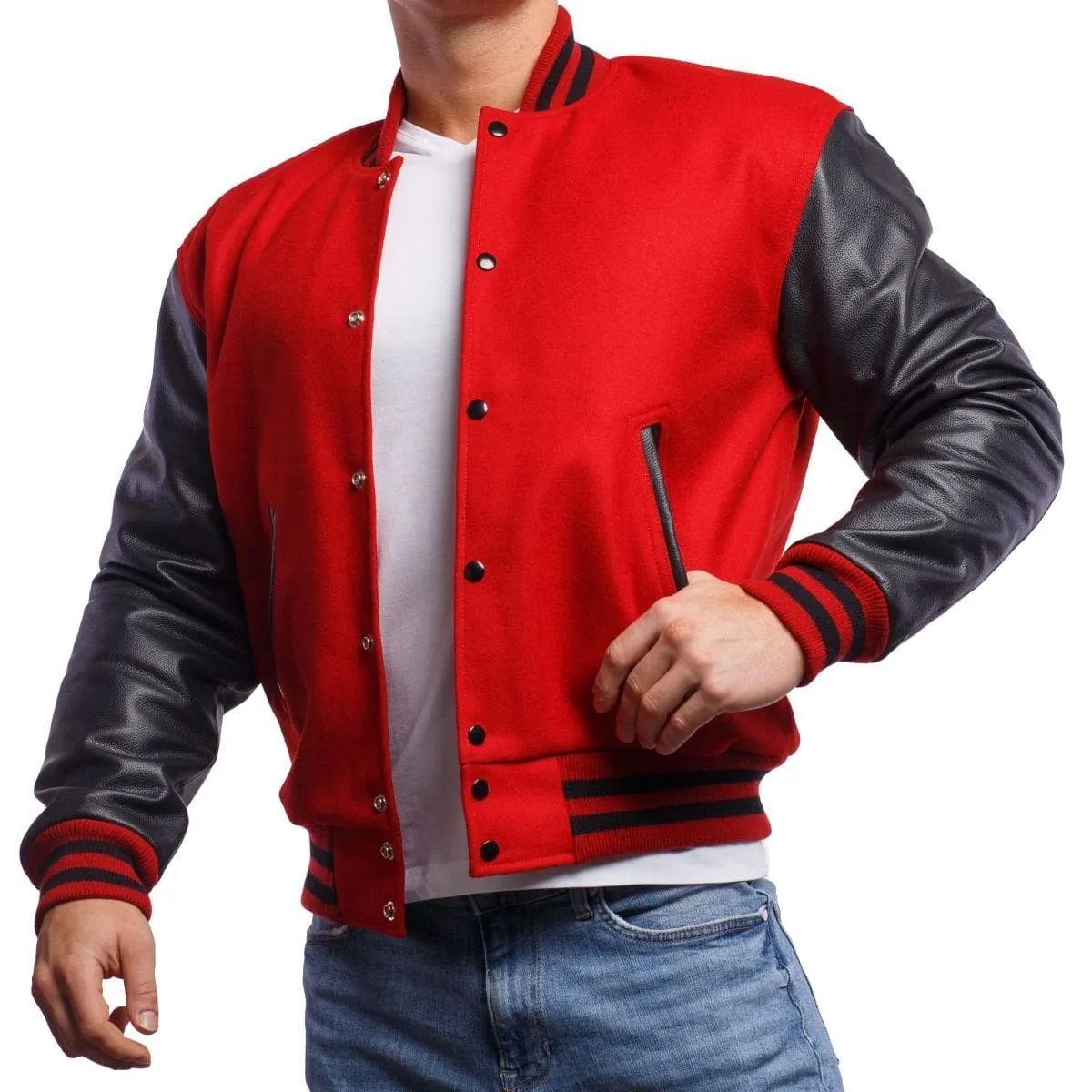 Men's Red Varsity Leather Jacket with Black Sleeves