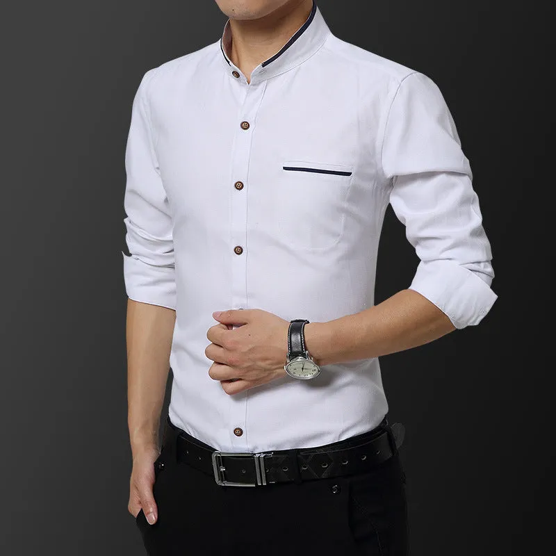 Men's Stand-up Collar Long-sleeved Shirt Youth Business Casual  Shirt