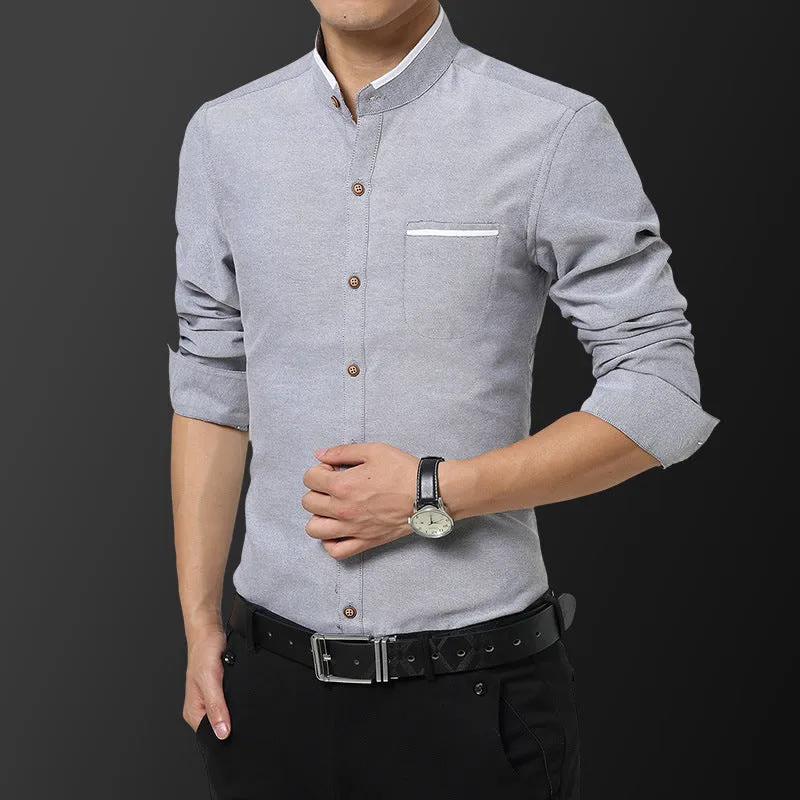 Men's Stand-up Collar Long-sleeved Shirt Youth Business Casual  Shirt