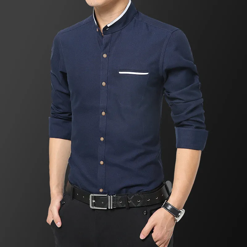 Men's Stand-up Collar Long-sleeved Shirt Youth Business Casual  Shirt