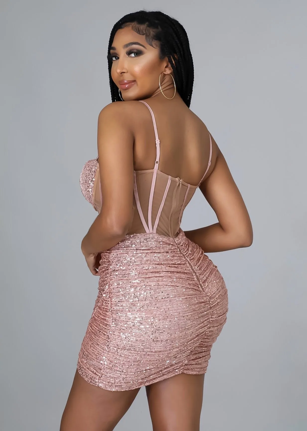 Mesh Insert Sequin Ruched Detail Bustier Cami Bodycon Dress