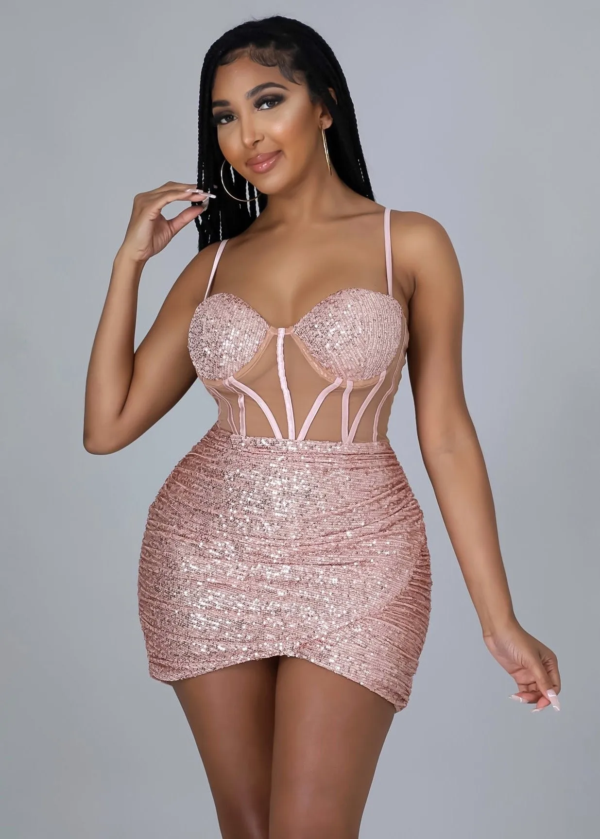 Mesh Insert Sequin Ruched Detail Bustier Cami Bodycon Dress