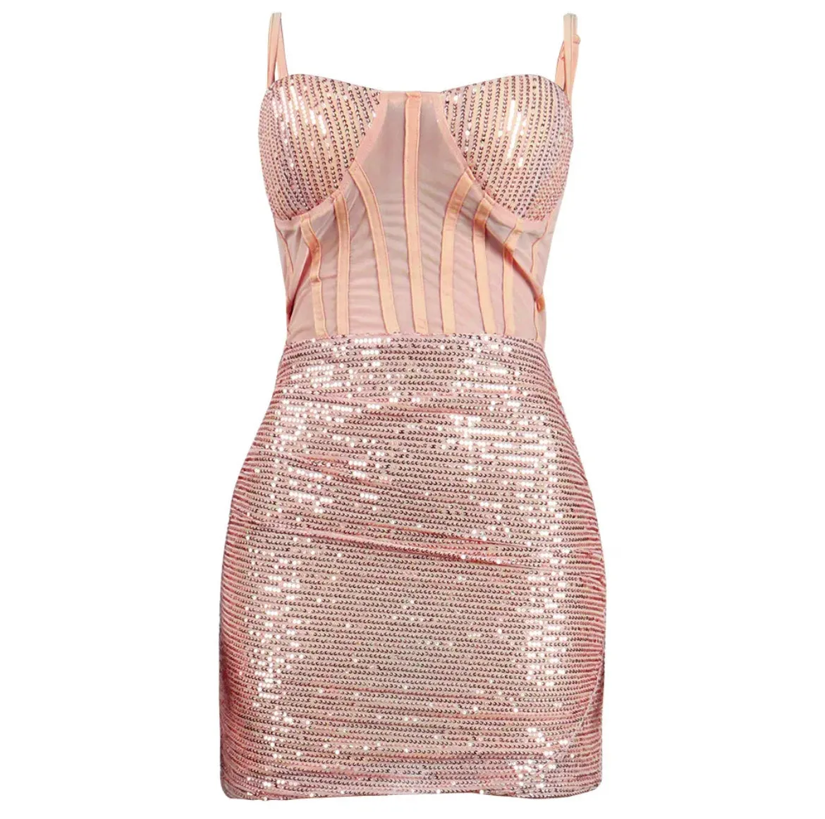 Mesh Insert Sequin Ruched Detail Bustier Cami Bodycon Dress