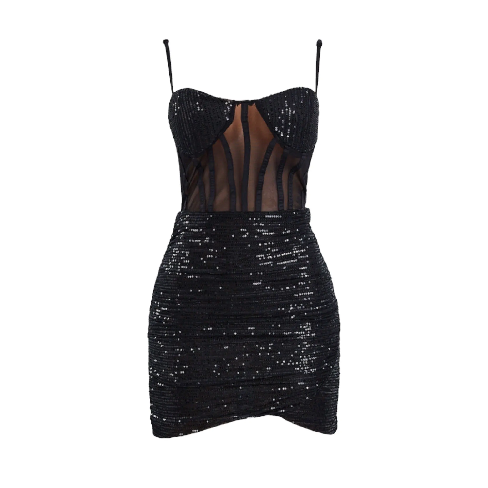 Mesh Insert Sequin Ruched Detail Bustier Cami Bodycon Dress