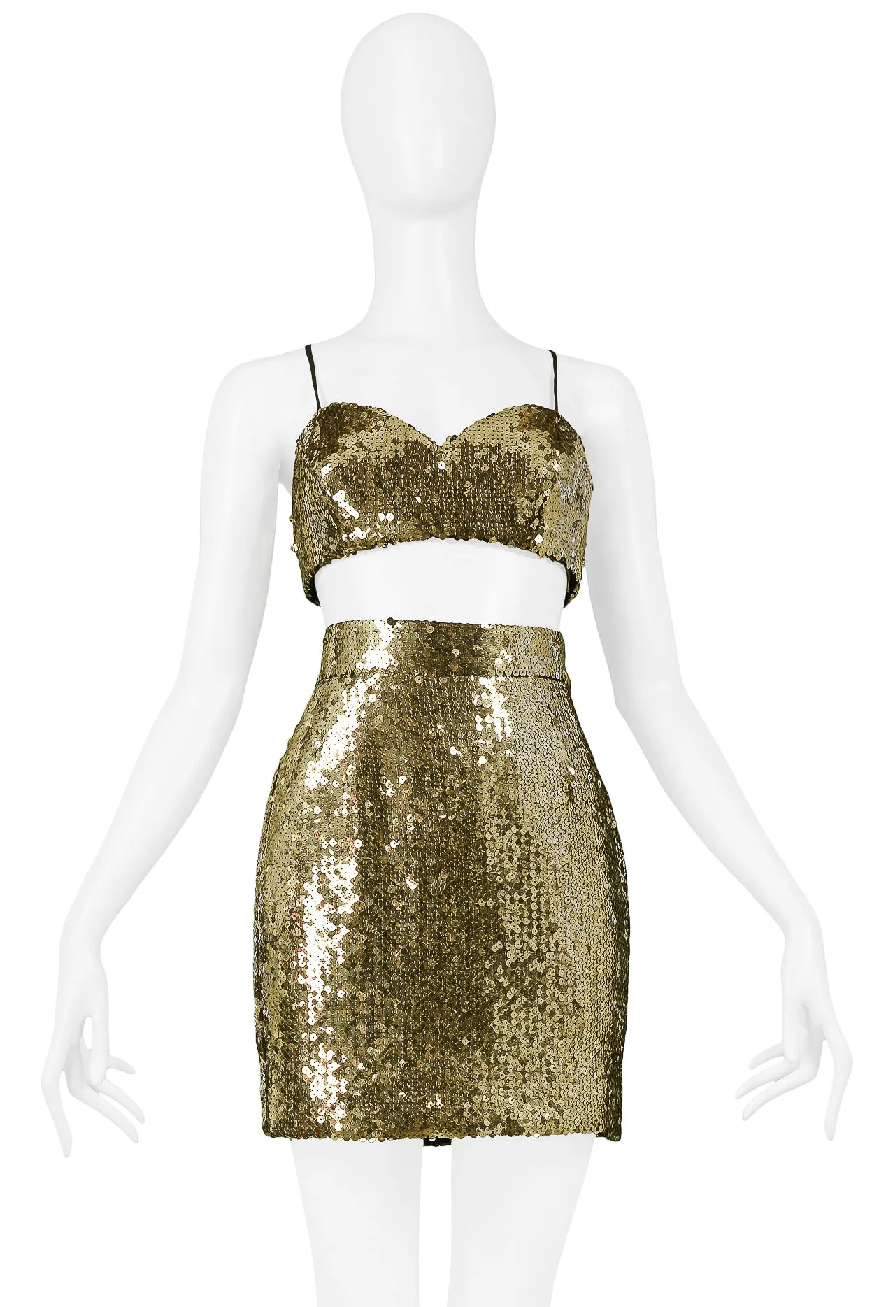 MOSCHINO GOLD SEQUIN BOMBER JACKET, BRA & SKIRT 1989