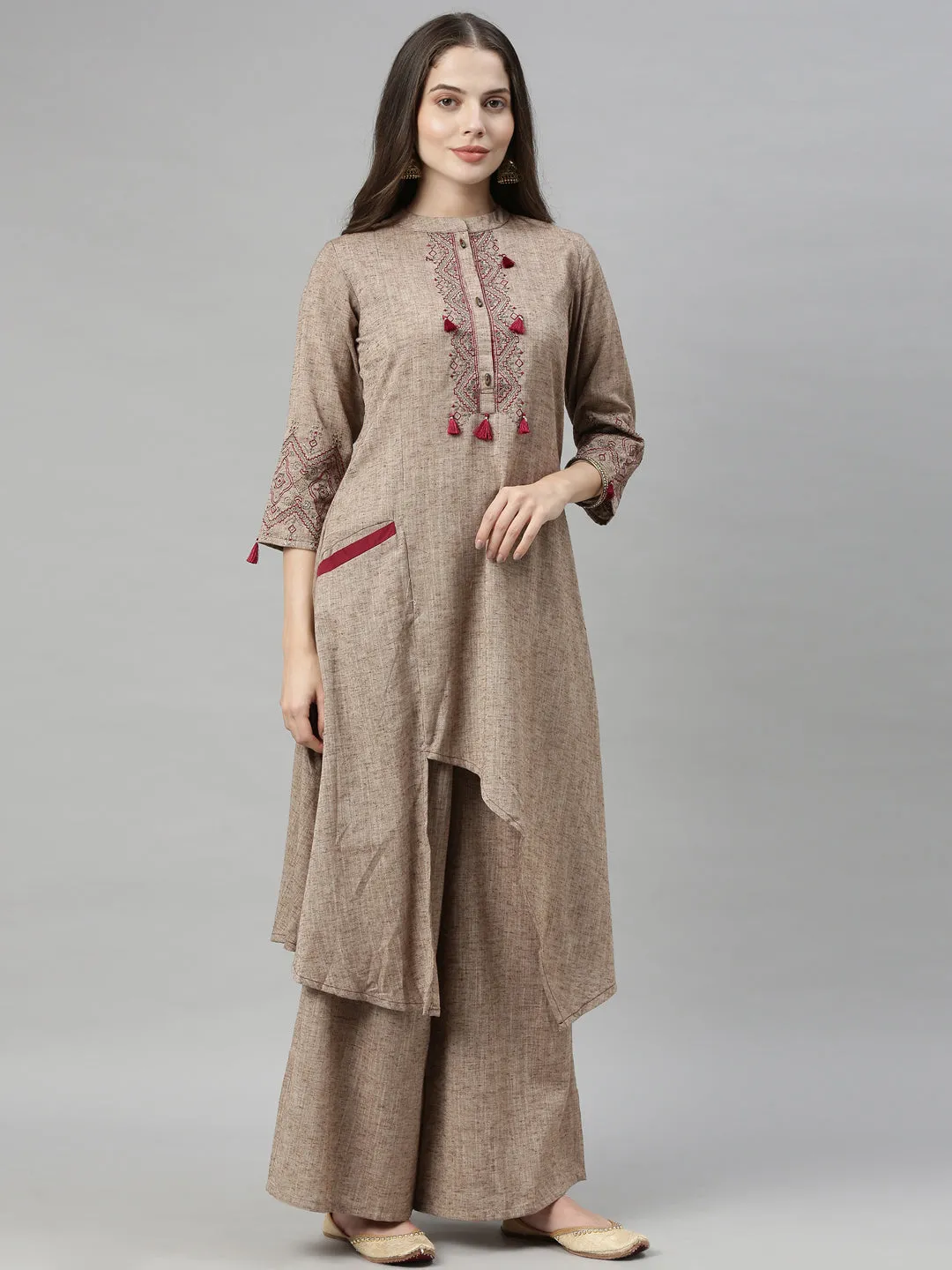 Neeru's Beige Maroon Color Rayon Fabric Tunic Set