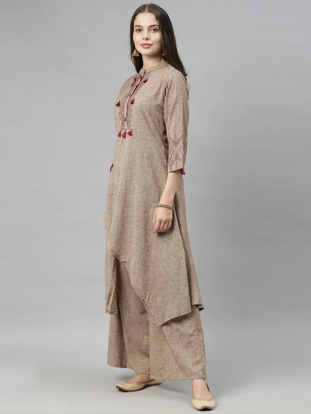 Neeru's Beige Maroon Color Rayon Fabric Tunic Set