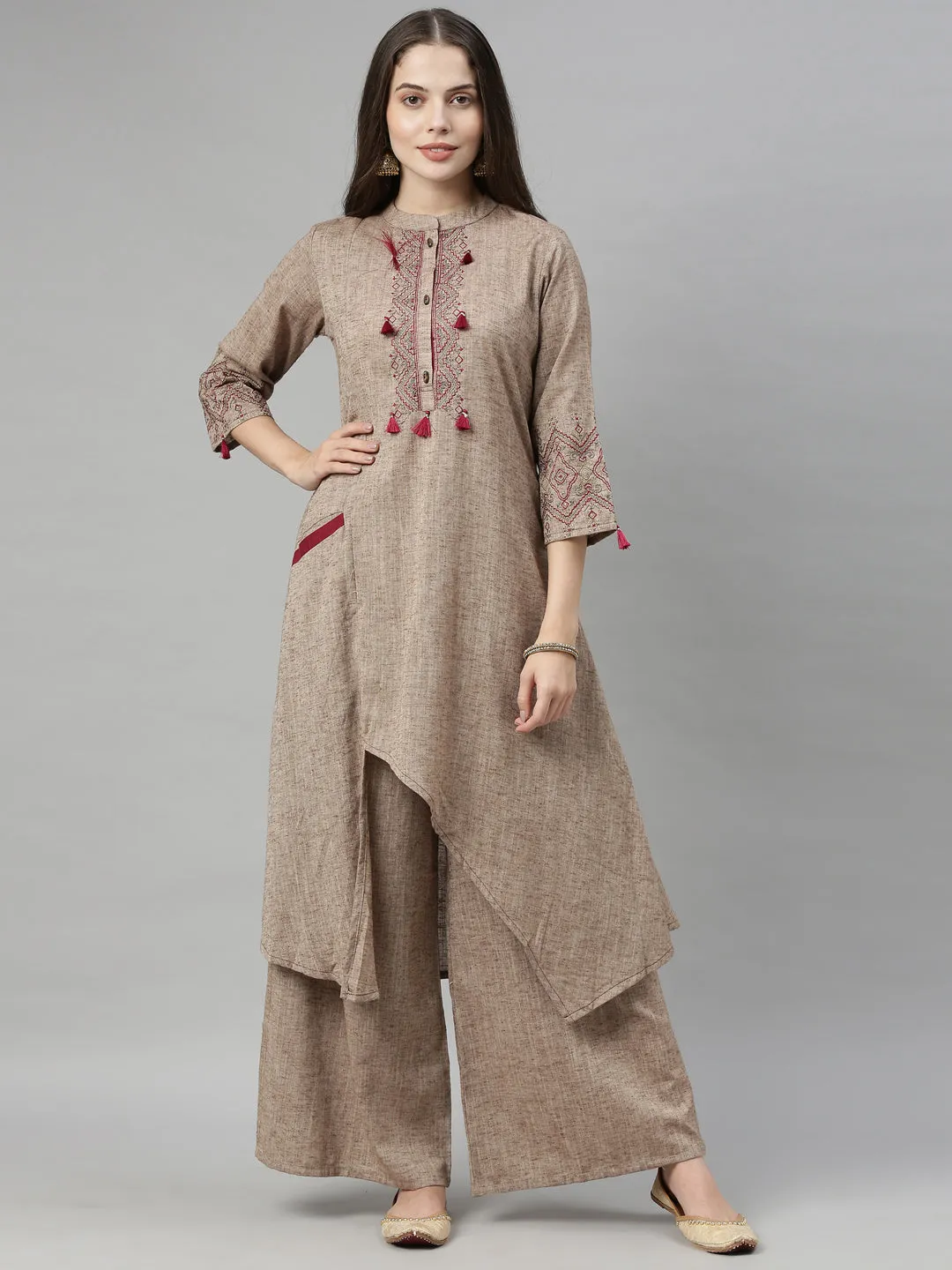 Neeru's Beige Maroon Color Rayon Fabric Tunic Set