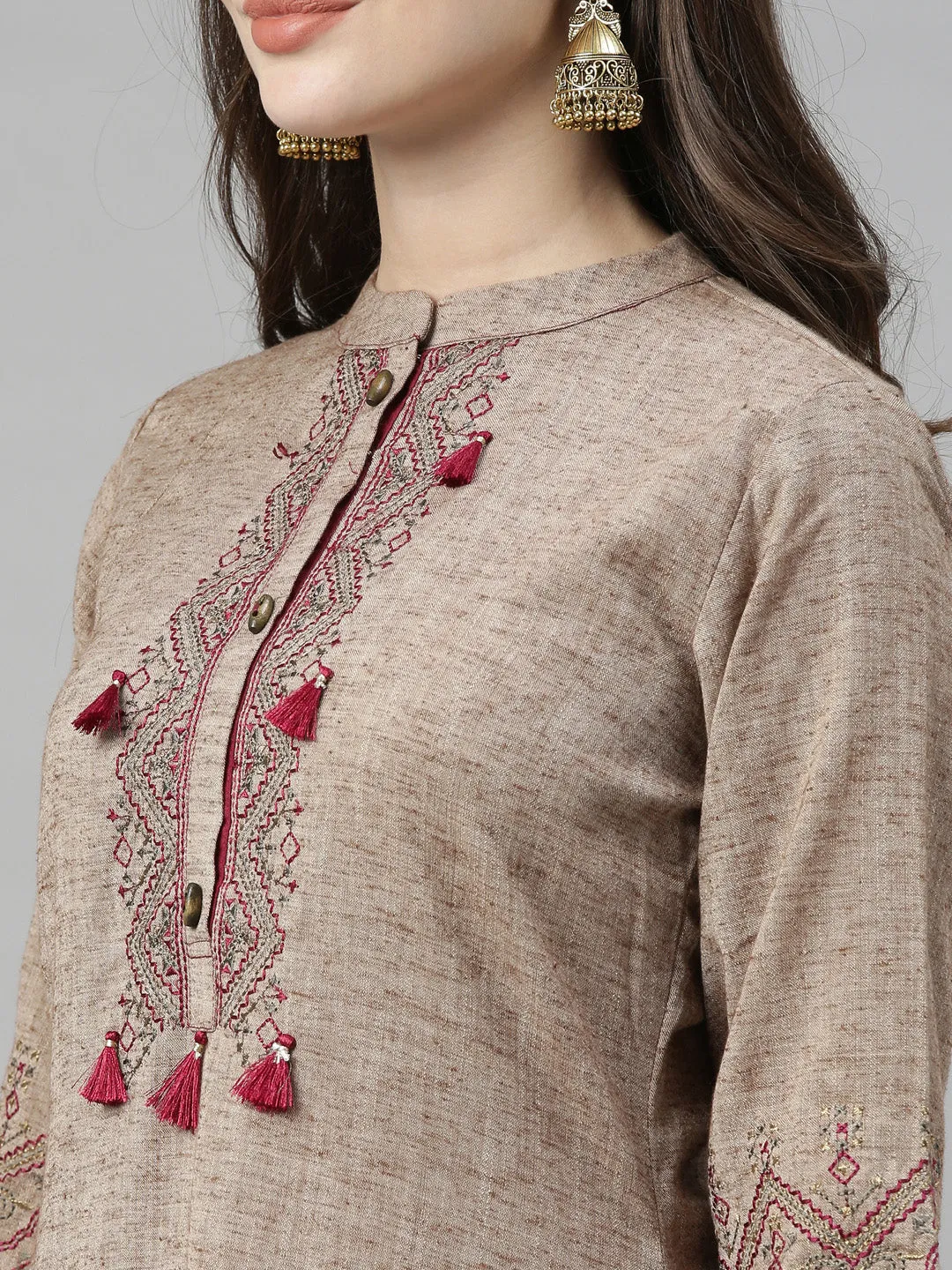 Neeru's Beige Maroon Color Rayon Fabric Tunic Set