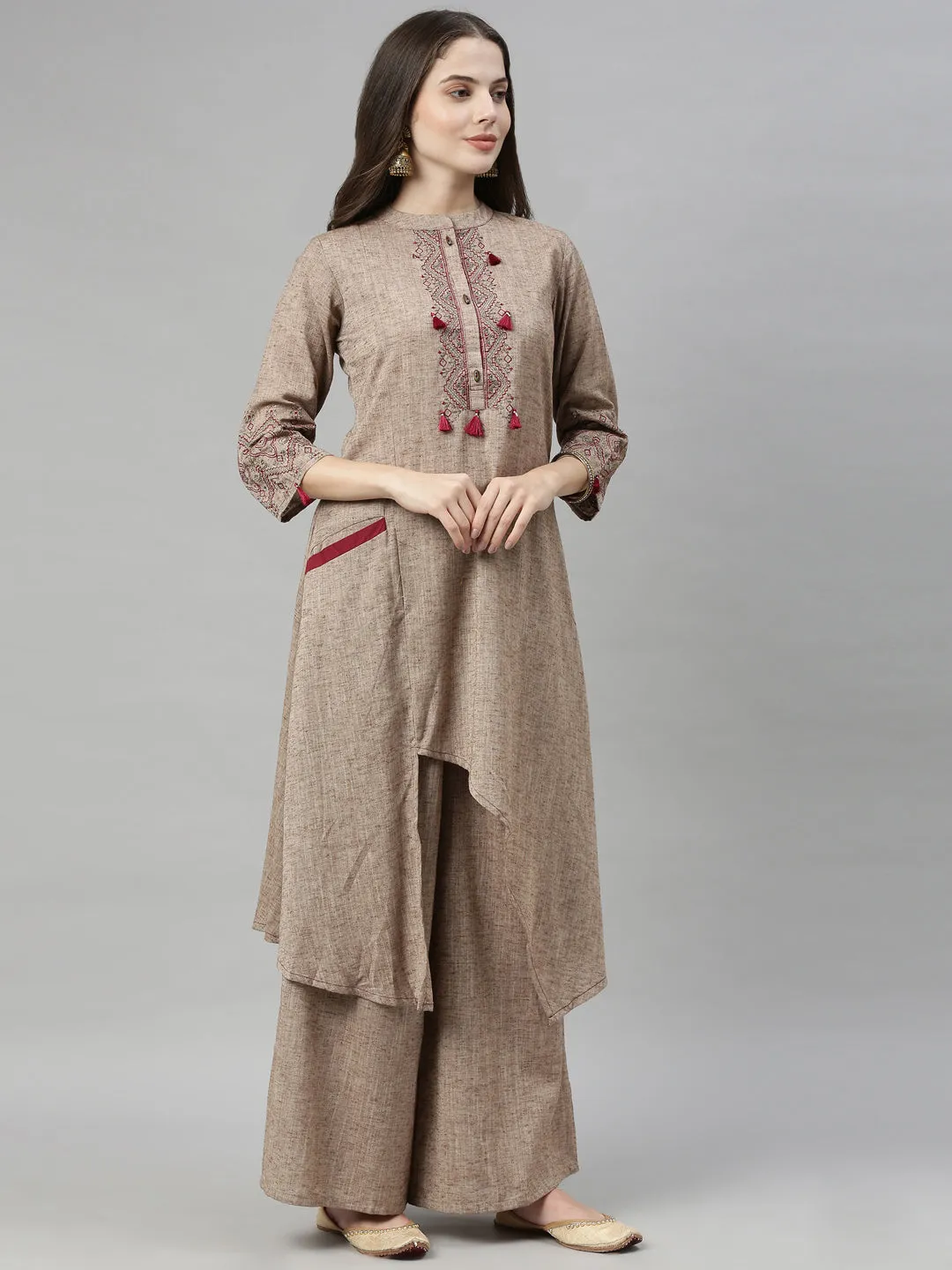 Neeru's Beige Maroon Color Rayon Fabric Tunic Set