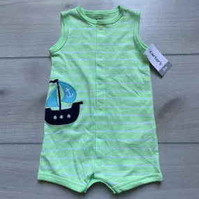 NEW Carter's Green Striped Sailboat Snap Front Sleeveless Cotton Romper