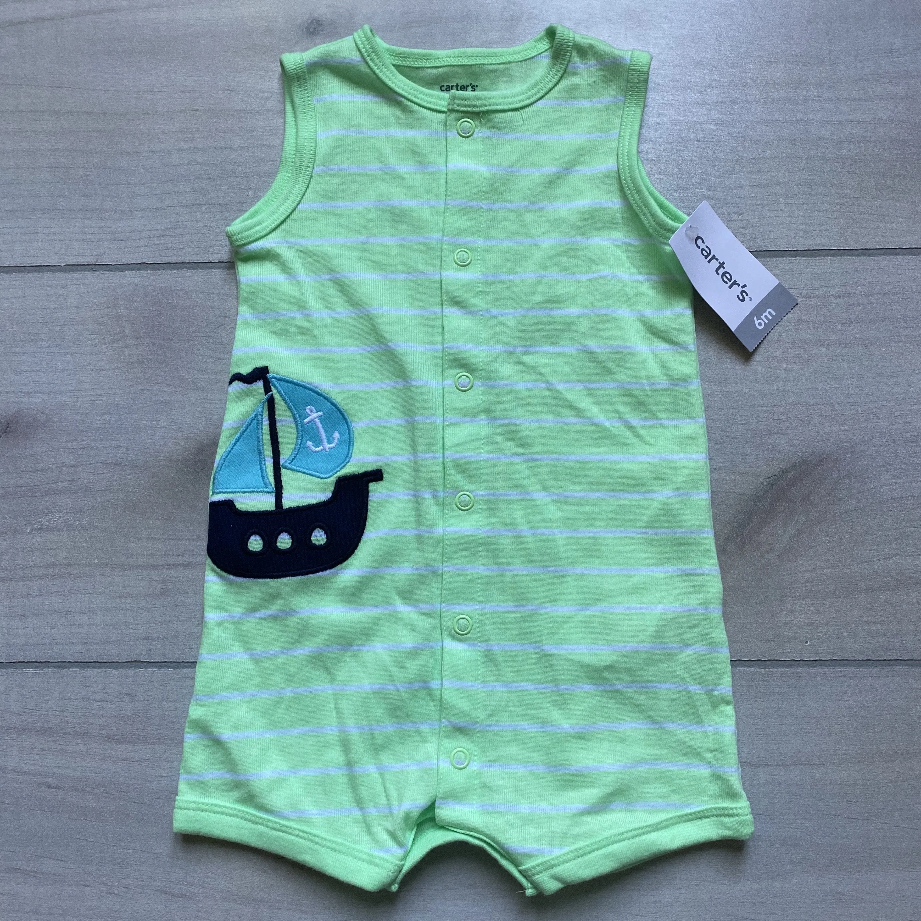 NEW Carter's Green Striped Sailboat Snap Front Sleeveless Cotton Romper