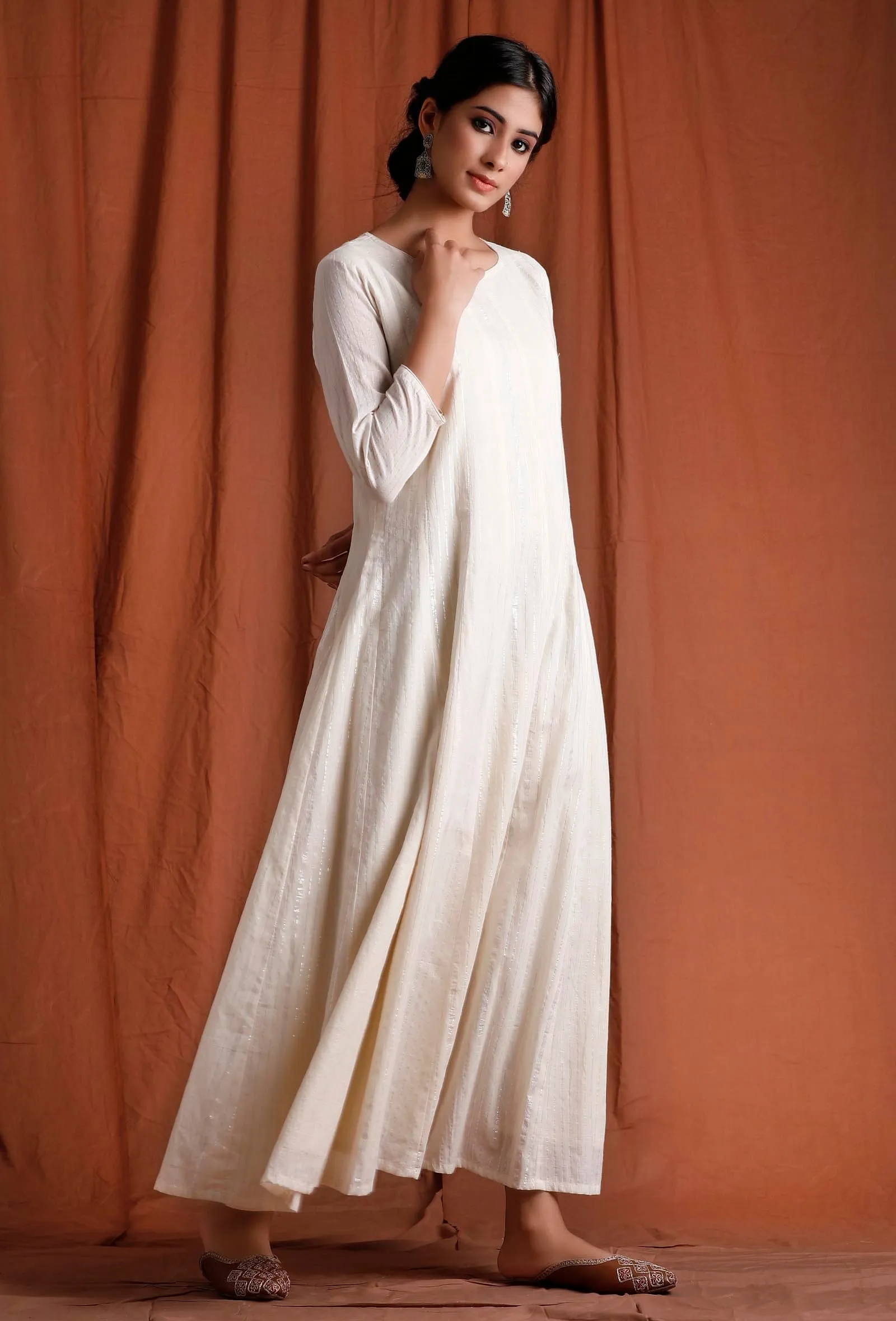 Off White and Silver Kalidar Cotton  Kurta