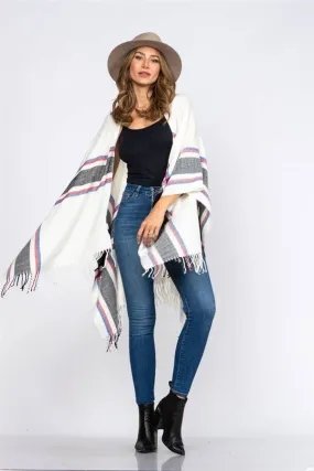 OFF WHITE  MADRAS PRINT FRINGED COVER-UP PONCHO