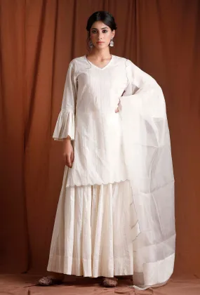 Off White Short Kurta Bell Sleeved Gathered Kurta