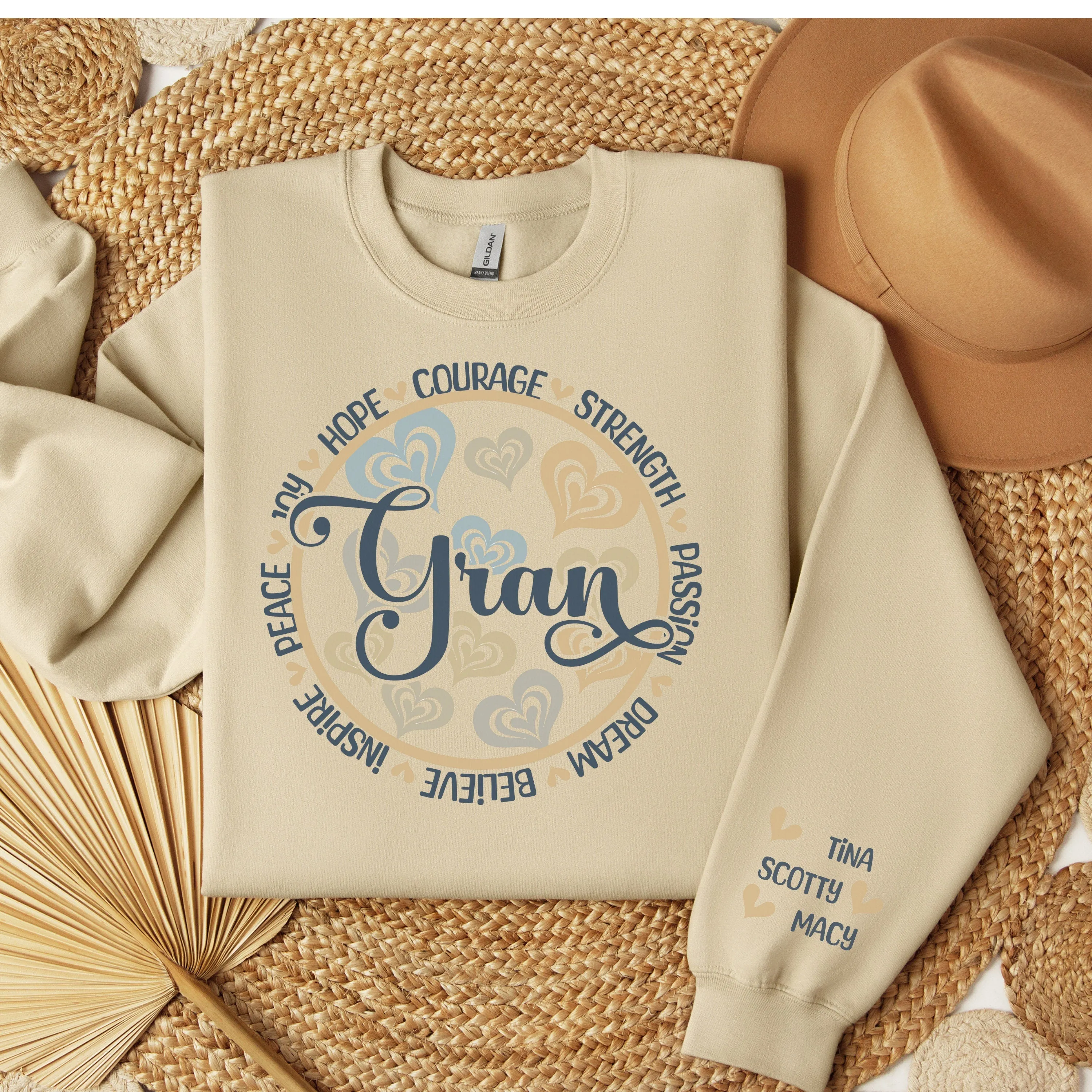 Personalized Sleeve Print Inspirational Grace Sweatshirt With Words of Hope, Strength, and Courage Design, Custom Mother's Day